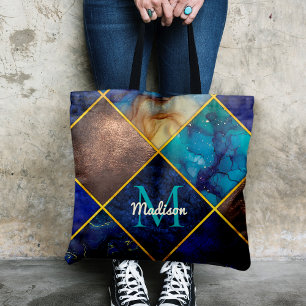 Bolso De Tela Moda girly faux Purpurina oro azul geométrico