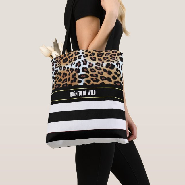 Bolso De Tela Moda Leopard y Black White Stripes Positividad (Detalle)