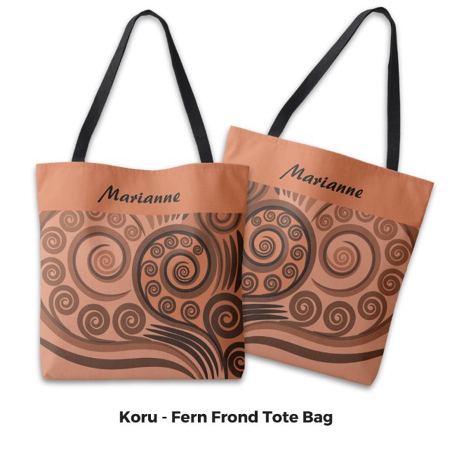 Bolso De Tela Moda llamada Naranja-Brown Fern Koru Curls (Chic Named Orange-Brown Fern Koru Curls Tote Bag)