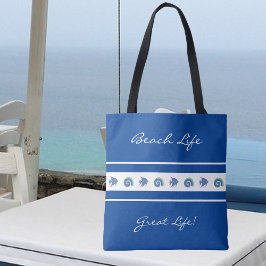 Bolso De Tela Moda Marina Blue White Stripes Fish Shell Beach Li