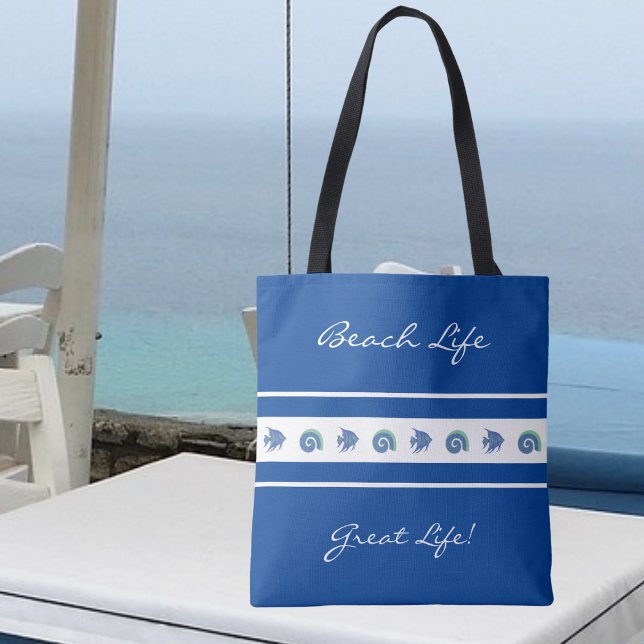 Bolso De Tela Moda Marina Blue White Stripes Fish Shell Beach Li (Subido por el creador)