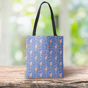 Bolso De Tela Moda Modelo floral de conejo rosa Monograma azul