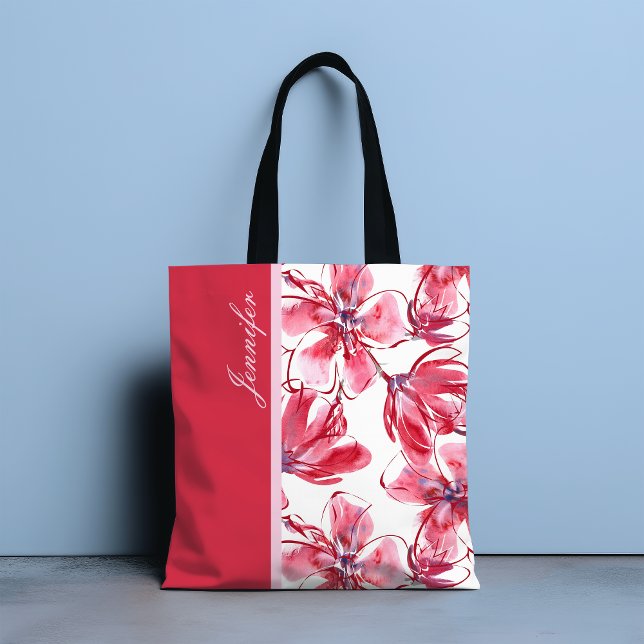Bolso De Tela Moda moderna Red Tropical Floral Nombre personaliz (Subido por el creador)