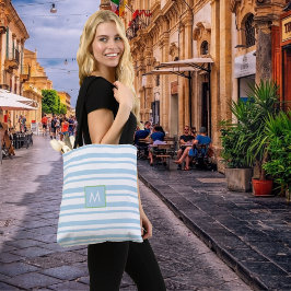 Bolso De Tela Moda Monograma Azul claro y franja blanca