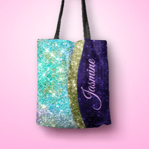 Bolso De Tela Moda monograma purpurina iridiscente azul morado
