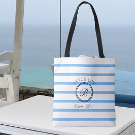 Bolso De Tela Moda Monograma Vida de playa a rayas azules y blan