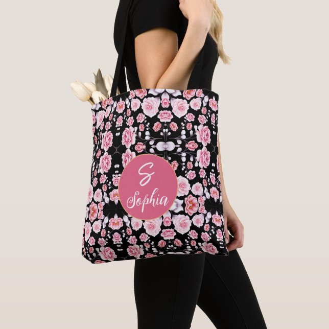 Bolso De Tela Moda monogramada rosa FLower (Detalle)