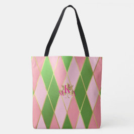 Bolso De Tela Moda Monogramado Rosa y Verde Argyle