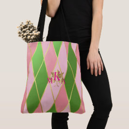 Bolso De Tela Moda Monogramado Rosa y Verde Argyle