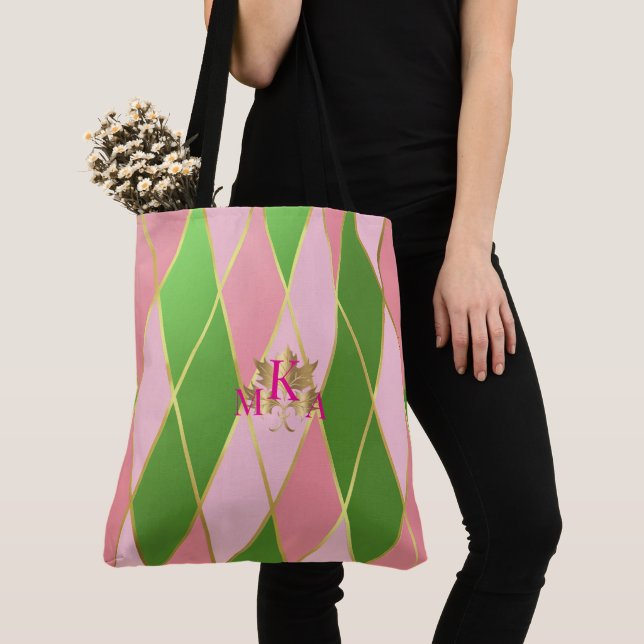 Bolso De Tela Moda Monogramado Rosa y Verde Argyle (Detalle)