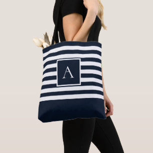 Bolso De Tela MODA NAVY BLANCO STRIPE Letra cuadrada Monograma