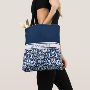 Bolso De Tela Moda Navy Damasco azul y blanco personalizado