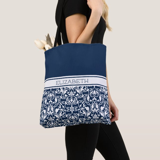 Bolso De Tela Moda Navy Damasco azul y blanco personalizado (Detalle)