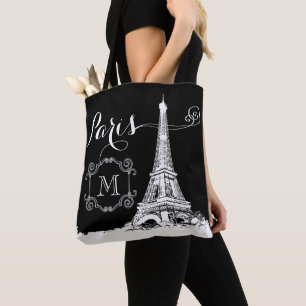 Bolso De Tela Moda París Torre Eiffel Monograma Blanco Negro