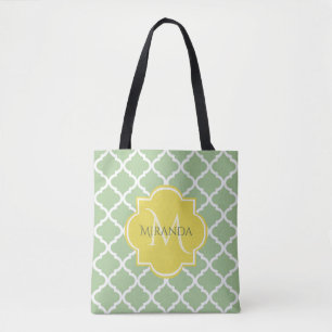 Bolso De Tela Moda Pastel Verde Quatrefoil Amarillo Nombre Monog