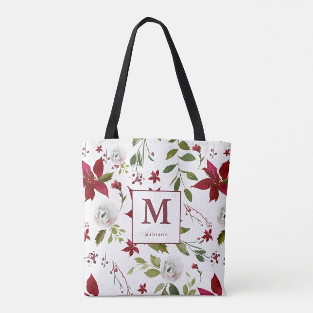 Bolso De Tela Moda Poinsettia Monograma Floral con nombre (Reverso)
