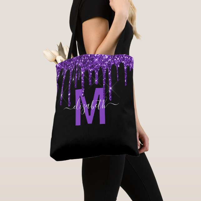 Bolso De Tela Moda Purpurina de goteo morado Monograma Nombre (Detalle)