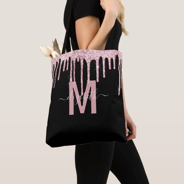 Bolso De Tela Moda Purpurina de goteo rosa Monograma Nombre (Detalle)