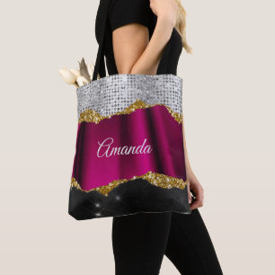 Bolso De Tela Moda purpurina falso de plata Fuchsia monograma ne