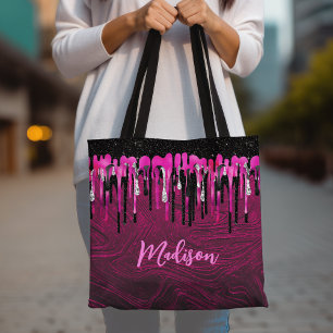 Bolso De Tela Moda purpurina negro rosado caliente goteo monogra
