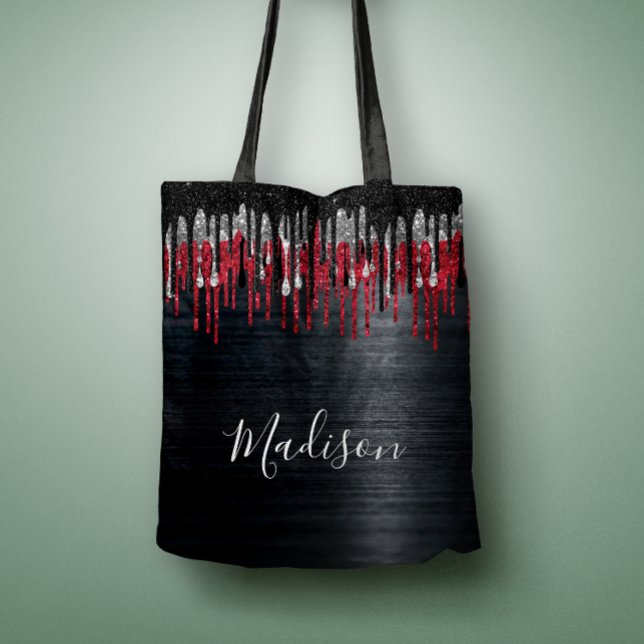 Bolso De Tela Moda purpurina negro y rojo plata gotea monograma (Subido por el creador)