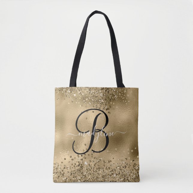 Bolso De Tela Moda Purpurinas de oro negro Monograma Nombre Tote (Anverso)