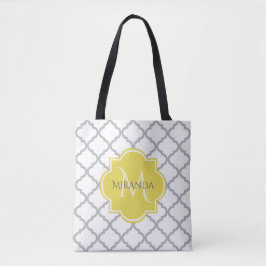 Bolso De Tela Moda Quatrefoil blanco Monogramo amarillo Nombre e