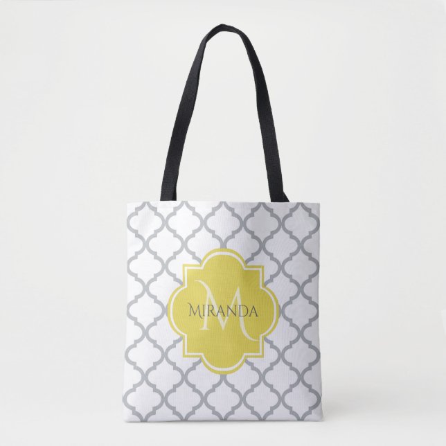 Bolso De Tela Moda Quatrefoil blanco Monogramo amarillo Nombre e (Anverso)
