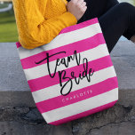 Bolso De Tela Moda Ropa rosa y blanca Ropa del equipo negro<br><div class="desc">Tote todo-sobre-impresión con las palabras "Team Bride" en un guión de moda negro contra fondo de rayas rosas y blancas. Perfecto para bodas de dama de honor, dama de honor y chica de flores. Para ver otros elementos coincidentes, vea https://www.zazzle.com/collections/119250194970828530?rf=238364477188679314 Personalízalo reemplazando el texto del marcador de posición. Para obtener...</div>
