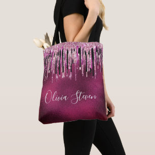 Bolso De Tela Moda rosado caliente goteo negro purpurina monogra