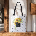 Bolso De Tela Moda Rústica girasoles y puntos con monograma<br><div class="desc">Personalice este tote con su monograma u otro texto deseado. Un ramo luminoso y alegre de girasoles color agua amarilla se asoma a una contrastante estructura cuadrada negra que rodea tu monograma. El fondo es un pequeño patrón de puntos polka de moda. Este práctico tote es un encantador regalo personalizado...</div>