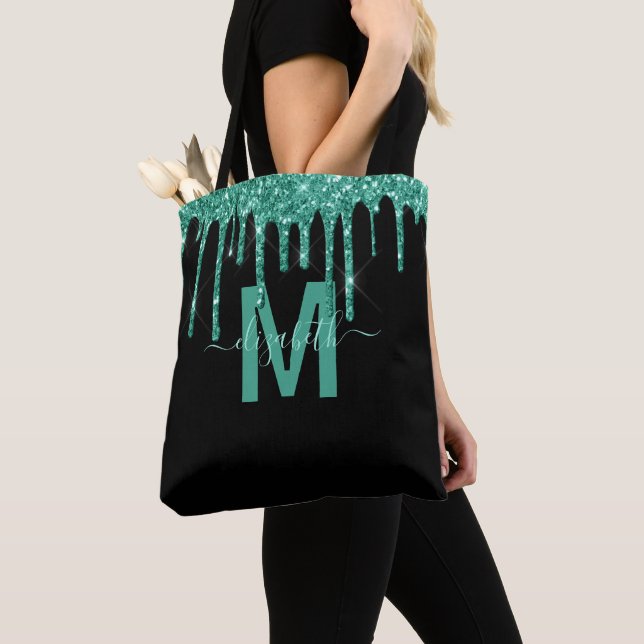 Bolso De Tela Moda Turquesa Purpurina de goteo Monograma Nombre (Detalle)