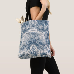 Bolso De Tela Moda vintage floral Blue toile de jouy monograma