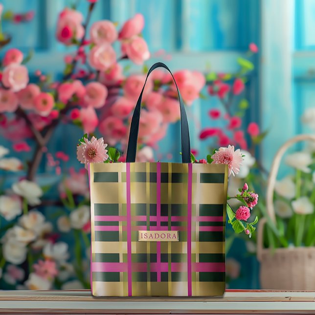 Bolso De Tela Moda y diseño Fuchsia Green Plaid Personalizado (Stylish Spring Pink and Green Monogram Tote)