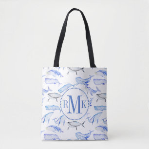 Bolso De Tela Modelo de la ballena azul de la acuarela