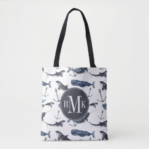 Bolso De Tela Modelo de la ballena y del ancla de la acuarela