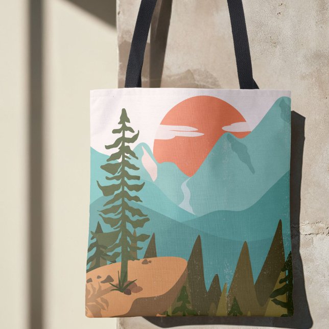 Bolso De Tela Modern Abstract Forest, Mountains, and Sunrise (In situ)