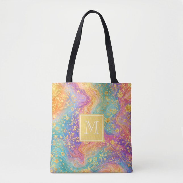Bolso De Tela Modern Abstract Glitter Floral Monogram Design     (Anverso)