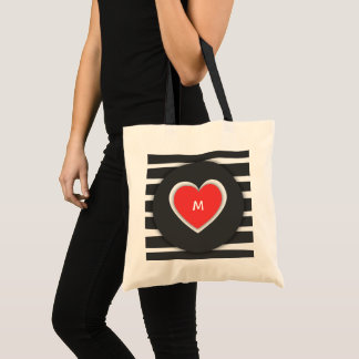Bolso De Tela Modern Black and White Striped Red Heart Monogram