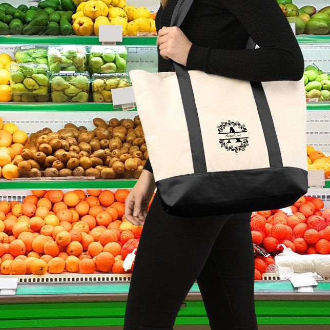 Bolso De Tela Modern Black Floral Wreath Split Monogram "A" (Subido por el creador)