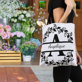 Bolso De Tela Modern Black Floral Wreath Split Monogram "A"