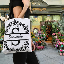 Bolso De Tela Modern Black Floral Wreath Split Monogram "S"