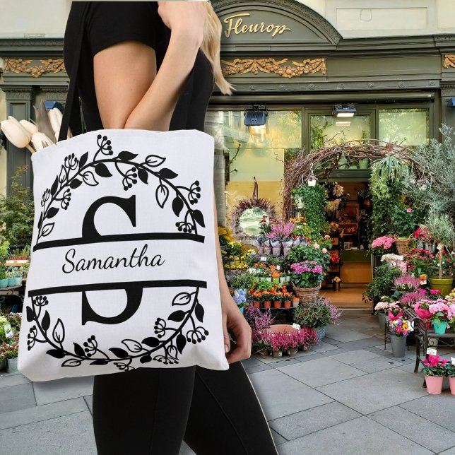 Bolso De Tela Modern Black Floral Wreath Split Monogram "S" (Subido por el creador)