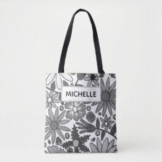 Bolso De Tela Modern Black & White Botanical Name