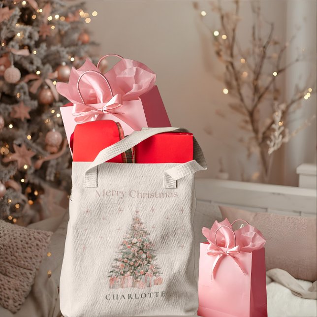 Bolso De Tela Modern Blush Christmas Tree Personalized Holiday  (Subido por el creador)