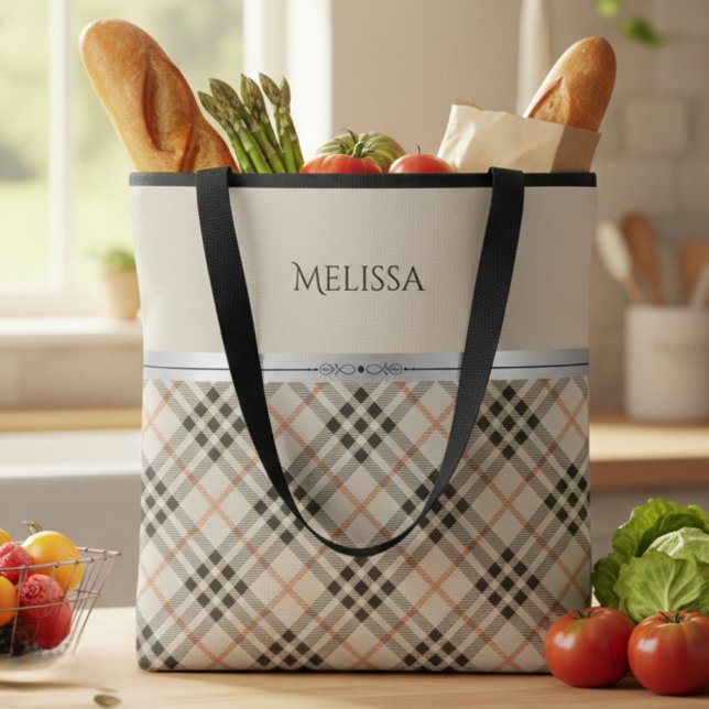 Bolso De Tela Modern Farmhouse Beige Plaid Pattern (Ditch the plastic for this high-end personalized tote. The perfect gift for her!)