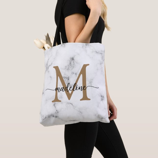 Bolso De Tela Modern Marble Gold Girly Script Monogram (Detalle)