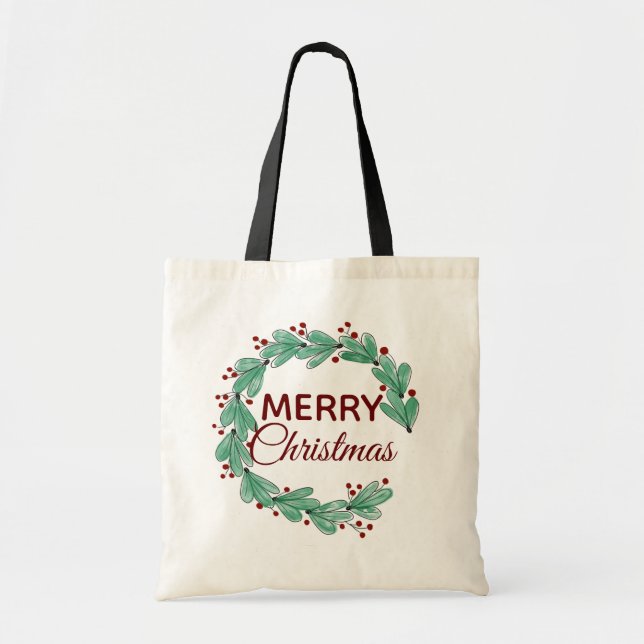 Bolso De Tela Modern Merry Christmas Berry Wreath Greeneration (Frente)
