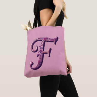 Bolso De Tela Modern Metallic Rosemaling Letter F, Pink/Purple
