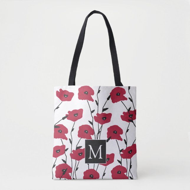Bolso De Tela Modern Monogram Poppies Pattern  (Anverso)